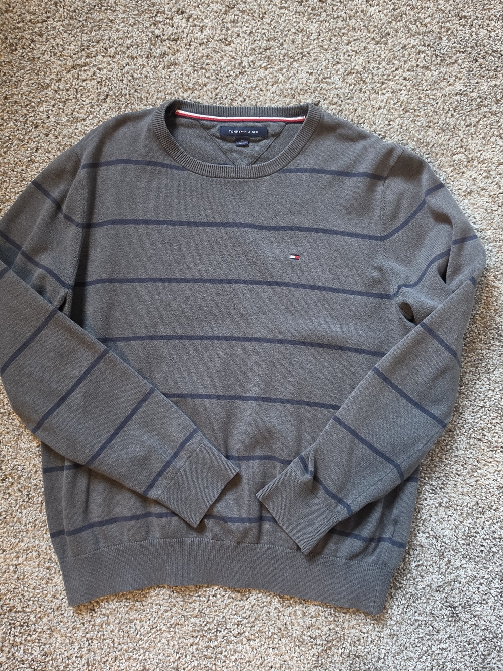 Tommy Hilfiger Gray Crewneck Sweater with Navy Stripes and Flag Logo